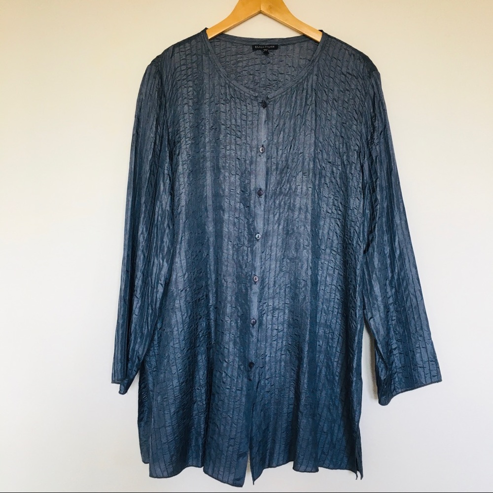 Eileen Fisher Silk Pleated Blue Button Down Top XL